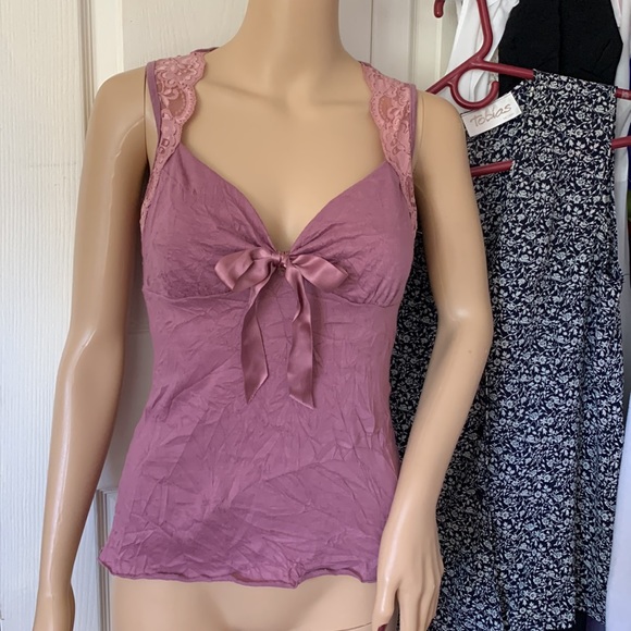 Dusty rose pink Lacey satin bow empire sleeveless tank top S M - Picture 12 of 12